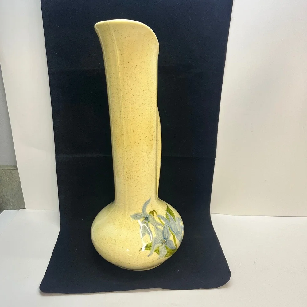 Vintage Speckled Yellow Ceramic Pitcher‎ Vase Blue Floral Hand Painted Tall 12in